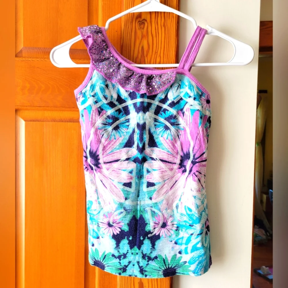 Justice 10 floral tie dye peace sign sequin ruffle tank top